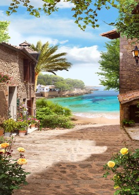Mediterraans dorp met strand 50x70CM