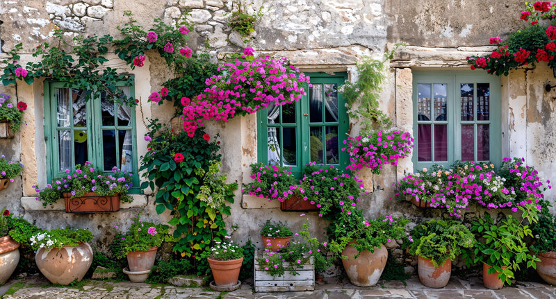 Mediteriaans straatje met bloemen 130x70CM