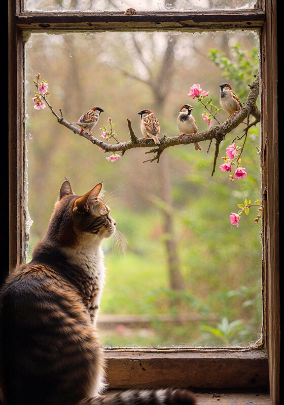 Kat bij raam met mussen 70x100CM