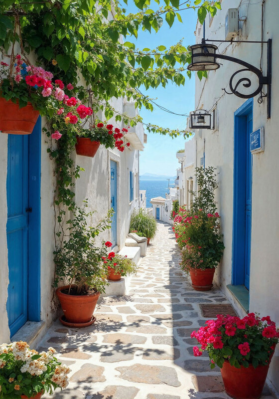 Mediteriaans straatje met bloemen 70x100CM